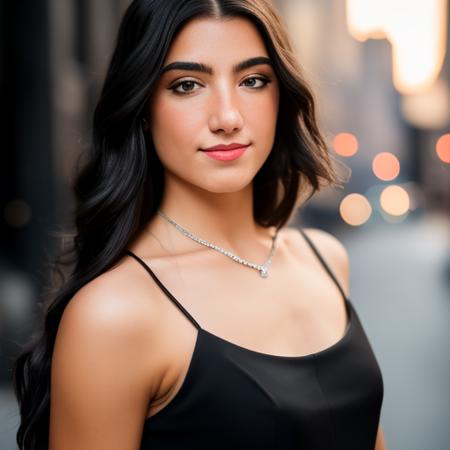 RAW photo, a close up portrait photo of  <lora:Loradamelio_v2:1>, in a black dress, long hair, (full body:0.3) slim body, the background is New York street, (high detailed skin:1.2), 8k uhd, dslr, soft lighting, high quality, film grain, Fujifilm XT3