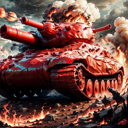 <lora:LatexAIV2:.8> LatexAI_red   battle tank, on battlefield, fire