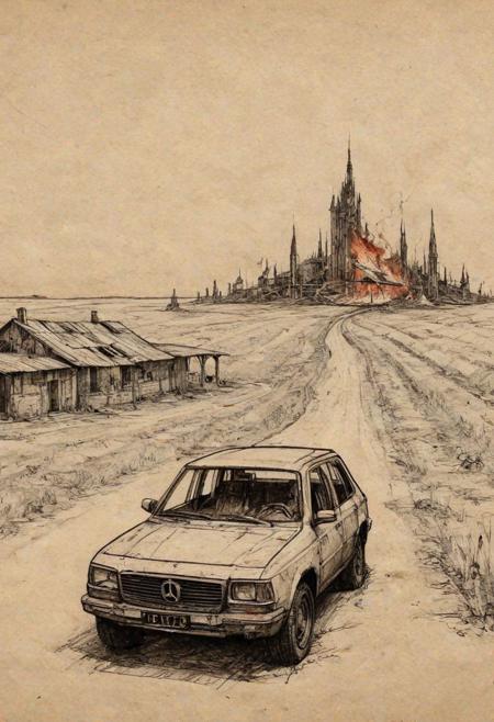 linquivera, liiv1, on parchment
sketch of vehicle in a futuristic but dystopian open environment,an open field, in a setting that features a woman walking away from a burning building. The scene should embody the depth and emotion typical of Renaissance art, with realistic details and proportions. Subtly integrate futuristic technology elements into this historical context, such as a small, advanced gadget or an anachronistic accessory that hints at advanced technology. The color palette should blend the rich, deep hues of Renaissance art with subtle metallic or neon accents to represent the futuristic aspects, creating a captivating juxtaposition of eras