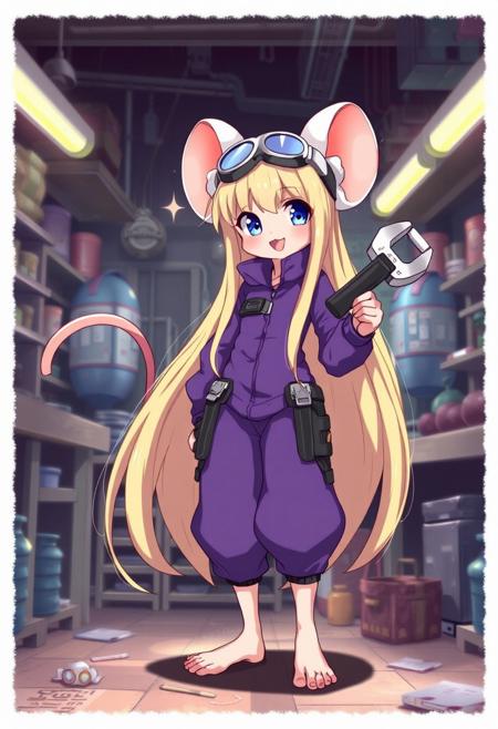 score_9, score_8_up, score_7_up, score_6_up, score_5_up, score_4_up, detailed background, indoors, workshop, full body view, mouse feet, barefoot, mouse girl, anthro Mouse girl, long blond hair, mouse tail, one tail, goggles on head, gadget_hackwrench, purple mechanic suit, smile, front view, white fur, detailed fur