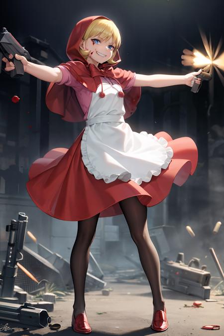 masterpiece, best quality, <lora:bbh:1>,1girl, weapon, submachine gun, gun, blonde hair, blue eyes, blood, dual wielding, knife, solo, hood, dress, apron, holding, smile, grin, shell casing, blood on face, blood on clothes, signature, short hair, red dress, little red riding hood (grimm), looking at viewer, blood on weapon, red hood, pantyhose, capelet, evil smile, blood splatter, rifle, standing, evil grin, explosive, outstretched arms, full body, skirt, handgun, grenade, frills, bullet, holding weapon, artist name, rocket launcher, assault rifle