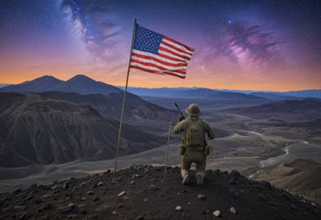 An (American Flag:1.2) blowing in the wind in a desolate volcanic valley, soldier silhouette (kneeling), left hand on pole,  50 stars, 13 stripes, (deep space, deep galactic travel background),Dark and eavil glow, glow neion paint, dark, surrealism, defined sharp edges, mystical, (multi-dimensional:1.2), psychedelic art