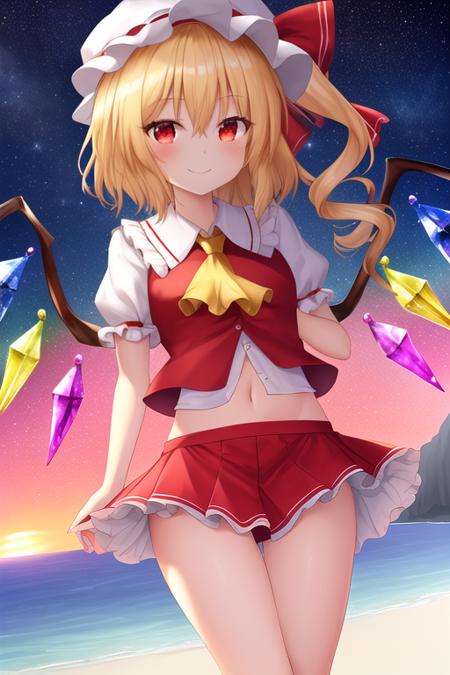 masterpiece, best quality, highres, solo, {night:1.10}, {starry sky:1.10}, beach, beautiful detailed sky, {extremely detailed background:1.20}, {flandre_scarlet_touhou:1.10}, {standing:1.10}, looking at viewer, {bikini:1.30}, blonde_hair, wings, red_eyes, crystal, hat, ribbon, mob_cap, one_side_up, bangs, bow, smile, vest, white_headwear, ascot, blush, red_vest, red_ribbon, red_bow, hat_ribbon, hair_between_eyes, yellow_ascot, short_hair, light smile