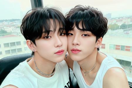 RAW photo , (high detailed skin:1.2), 8k uhd, dslr, soft lighting, high quality,  <lora:kPopBoy_v1:0.88>, <lora:koreanDollLikeness_v10:0.12>,  (2 boys kissing:1.2), (ultra realistic), best quality, ultra high res, (small breasts: 1.2), (T-shirts:1), (eyes close:1.2), (short haircuts:0.2), bangs,asian,indoors,detailed face,black thighhighs, yellow eyes,short hair, detailed black hair, detailed eyes, ((detailed lips)), showing armpits,blurry window background,jewelry,