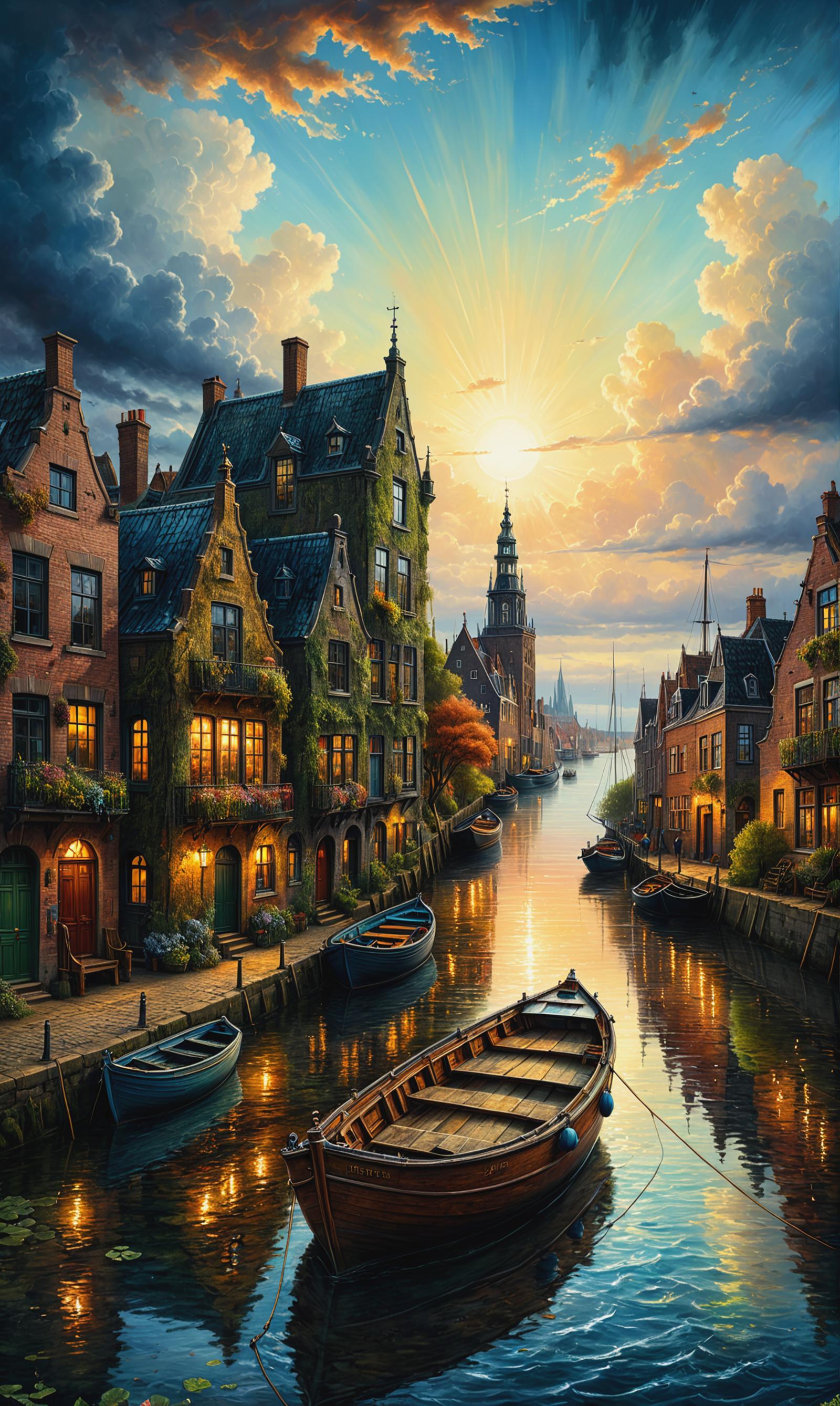 A Painting of a Town with Boats and the Sun Shining through the Clouds
