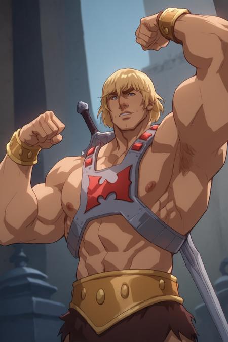 he-man,solo,1boy,male focus, armor, muscular, big pectorals, blonde hair