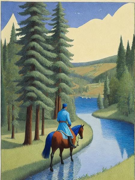 <lora:IvanBilibin:1>a painting of a man on a horse in the woods with a river in the background by Ivan Bilibin