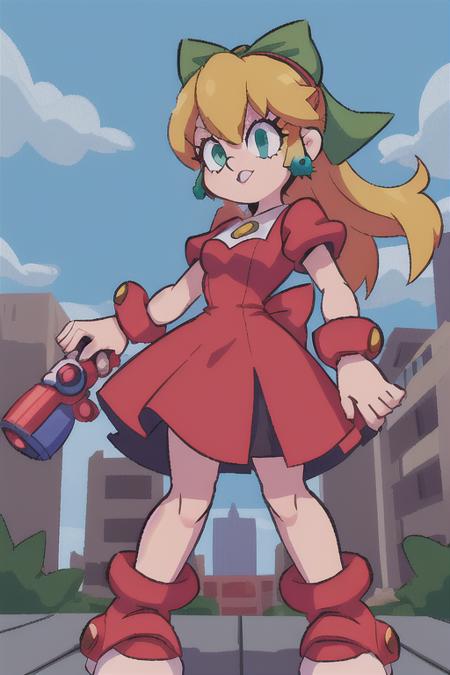 <lora:Roll3D:1> Roll3D 1girl,red dress, green bow, blonde hair, blue eyes, in city ruins with a blaster, scene from megaman