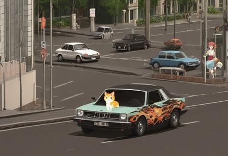 cat, car, street, fancy anime chase sceene, RetroBG