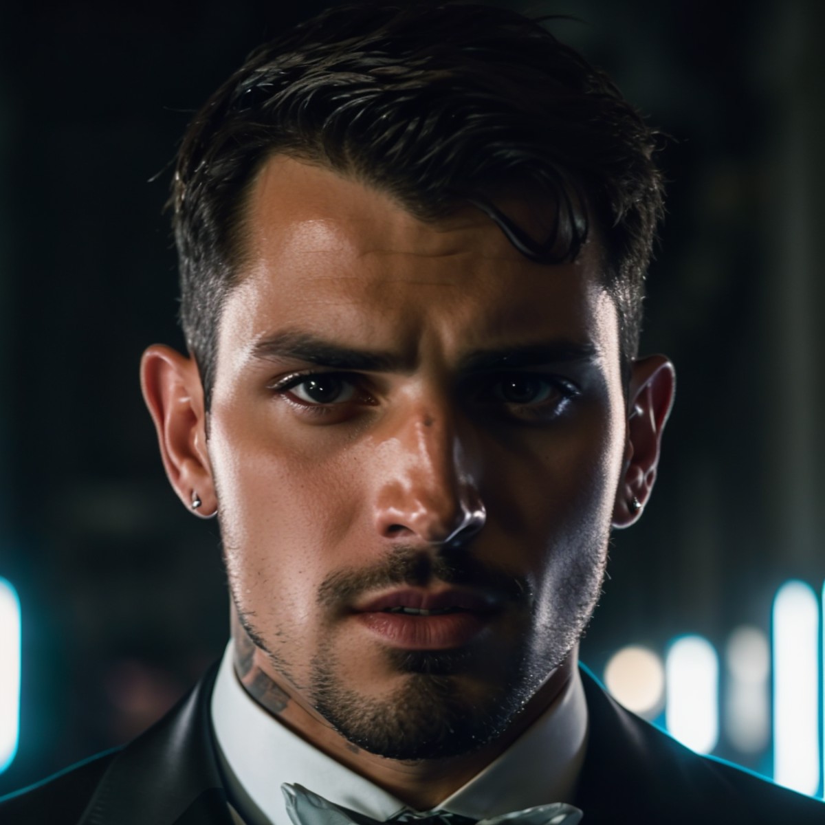 face portrait of manuelkornisiuk person using a tuxedo, in blade runner, professional photography, high resolution, 4k, de...