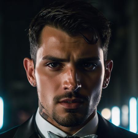 face portrait of manuelkornisiuk person using a tuxedo, in blade runner, professional photography, high resolution, 4k, detailed photo,  <lora:manuelkornisiuk_47700:1>