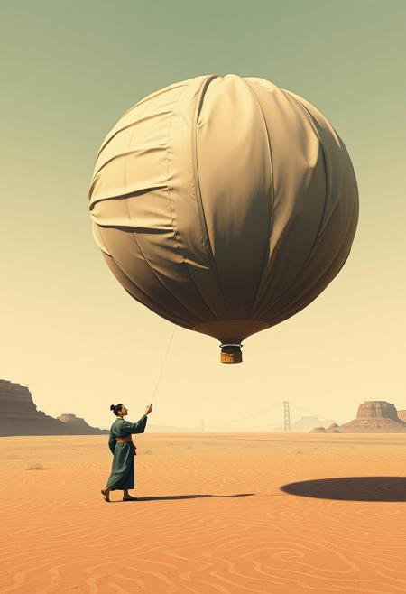 A massive, deflated balloon hovering over a patterned desert landscape, while a lone, stylized figure in a traditional robe reaches toward it with quiet curiosity..surreal oversized objects with delicate figurative elegance, muted earth tones blending with bold exaggerated forms, soft flowing linework with sculptural pop-art textures, cultural symbolism meets playful distortion, meditative yet whimsical storytelling