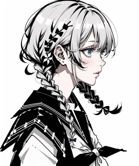 <lora:Chimera Series R Number Furnace - Phantom-beta:0.9>
1girl, solo, braid,serafuku, profile, twin braids, white hair, long hair, simple background,  black neckwear, upper body, neckerchief, from side, bangs, school uniform, portrait,monochrome, (chinese ink panting)