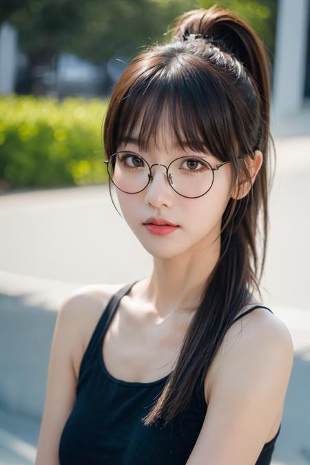 (best quality:1.4), (ultra highres:1.2), (photorealistic:1.4), (8k, RAW photo:1.2),(portrait shot:1.3), pinomyim, 1girl, solo, long hair, bangs, looking at viewer, blackhair, brown eyes, shirt, upper body, ponytail, long hair,  glasses, round eyewear, bare shoulders,  <lora:pinomyim-000004:0.65>