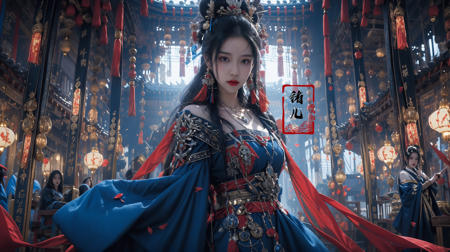 masterpiece, best quality, 8k, insane details, intricate details, hyperdetailed, hyper quality, high detail, ultra detailed, Masterpiece,
solo focus, 1girlsololooking at viewerred lipsclosed mouthmedium breasts Milky skin, (shiny skin:1.3)(upper body:1.0),
(blue chinese clothes:1.1), (blue dress:1.2)clothing cutoutlong sleeves(tassel earringshair ornamentnecklace:1.2), updohair bunbare shoulders, detached sleeves,
architecture, indoorseast asian architecturepetals, falling petals, lantern, <lora:updo_20230903192906:0.9>