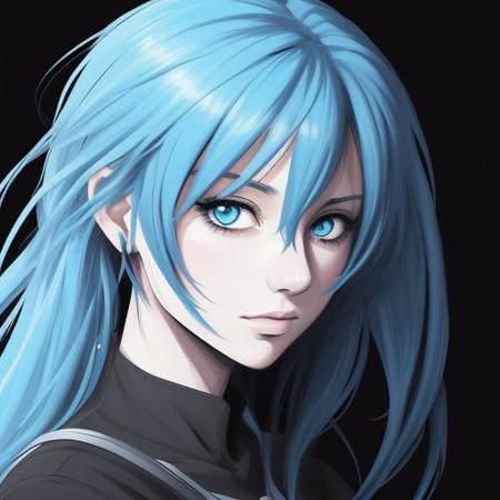 A blue haired girl. Anime style.
Black background. 
Rough lines, amateurish.
epic.