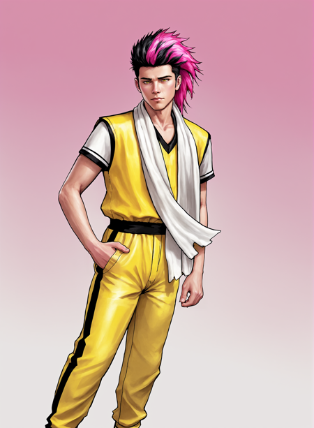 solo, 1boy, spiked hair, mullet, multicolored hair, two tone hair, pink hair, black hair, male focus, white ribbon, white scarf, jumpsuit, yellow shirt, yellow pants, yellow jumpsuit, masterpiece, official art, best illustration, tone mapping, specular highlights, CANON EOS MARK IV, semi realistic