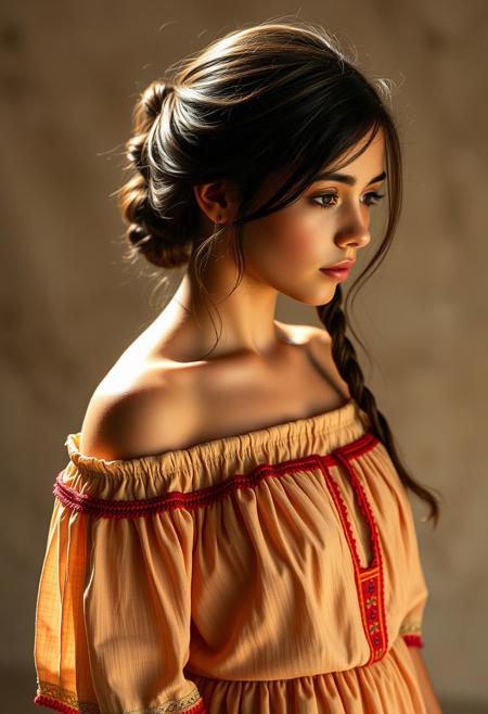 score_9, score_8_up, score_7_up, realistic lighting, photo, photorealistic, Spanish girl portrait, off shoulders, wearing very detailed thin Mexican Traditionnal dress,
