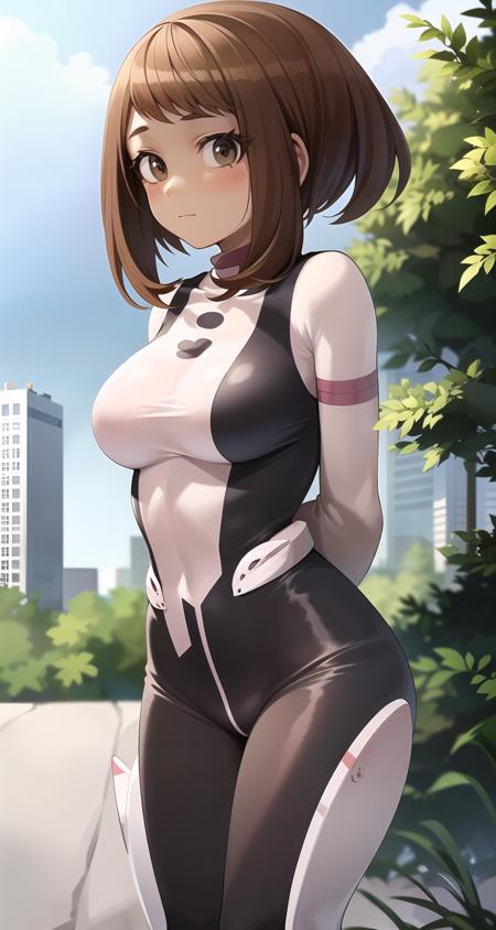 masterpiece, best quality, <lora:UrarakaOchakoV2_3784:1>  ,uraraka ochako,urarakahero bodysuit, (arms behind back), upper body, blush,