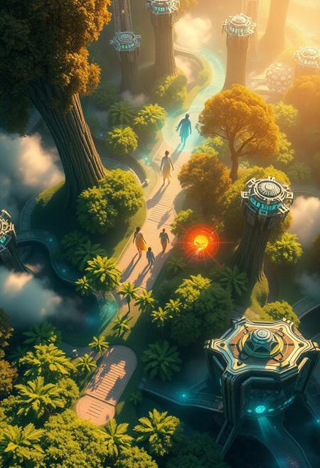 In a breathtaking overhead shot, a kaleidoscope of colors radiates from the nascent world, as evolved beings emerge amidst lush, verdant landscapes and futuristic architecture. Soft, golden light illuminates the scene, highlighting the harmonious fusion of natural and advanced elements. The energy of rebirth pulses through the air, as beings with glowing auras interact with towering trees and sleek, metallic structures, blending nature's beauty with technological innovation.