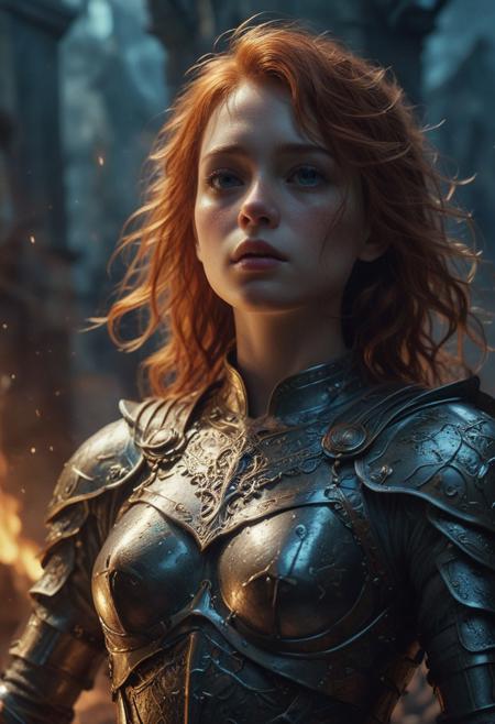 High resolution ultra-realistic of Beautiful Warrior Sadie Sink as Joan of Arc, 8k, capturing the intensity of the moment, cinematic lighting, standing on a bloody and stormy battlefield in bloody battle, wavy red hair, realistic dirty pale face, realistic blue eyes,  beautiful hourglass figure, burning in a medieval Town, intricately designed iron and silver armor, Dark Ages Aesthetic, perfect athletic figure, beautiful Warrior Joan of Arc, fire, ultra realistic, cinematic style, vigorous and seductive, athletic figure, dark fantasy, dramatic lighting, wet and sweaty skin, dirty skin, athletic figure, dark fantasy, dramatic lighting, Greg Rutkowski style,, Warrior Joan of Arc on in iron armor, hyper-detailed, hyper-realistic, bright colours, Attractive 21 old years girl, Attractive, beautiful firm Breasts, sharp focus, digital painting, Photograph Taken on Nikon D750, Alphonse Mucha, 8K, athletic figure, Hyperdetailed, hyperrealism, Attractive, Attractive bust girl, asymmetric balance