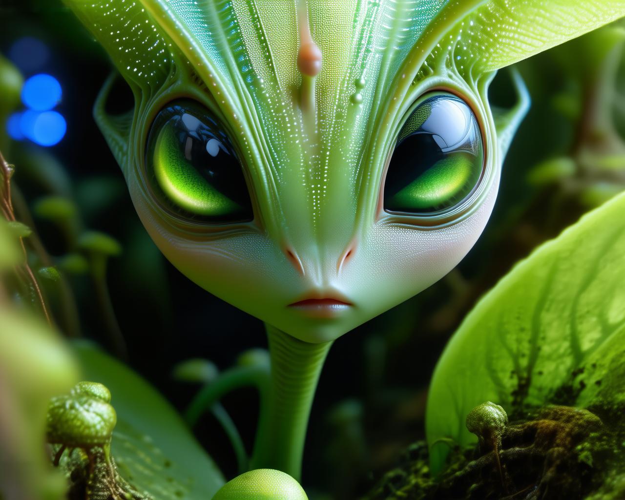 (Cute creature:1.2) from Space. terraforming. Alien Flora, Miki Asai Macro photography, close-up, hyper detailed, trending on artstation, sharp focus, studio photo, intricate details, highly detailed, by greg rutkowski detailed face, detailed skin