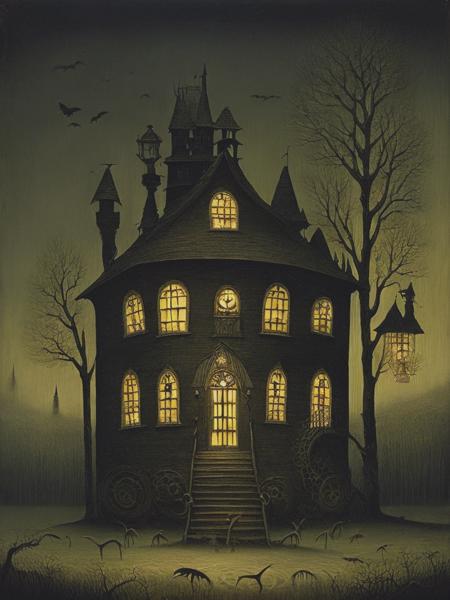 <lyco:JohnKennMortensen:1.0> john kenn mortensen style, haunted house full of monsters