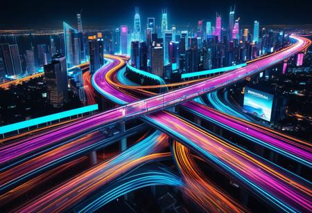 A bustling highway intersection at night, glowing with vibrant neon filaments in shades of electric blue, magenta, and amber. The towering overpasses and curving ramps are lined with pulsating neon lights, creating an intricate web of luminous pathways against the dark sky. Self-driving cars with illuminated outlines and glowing trails of light weave through the lanes, leaving dynamic, colorful streaks behind them. Above the intersection, holographic billboards and animated signs hover, casting radiant reflections on the glossy black asphalt below. The backdrop features a skyline of futuristic skyscrapers, their windows and edges glowing in complementary neon hues. The atmosphere is electrifying, chaotic, and mesmerizing, encapsulating the energy of a high-tech, neon-lit city at night. w0gf1l