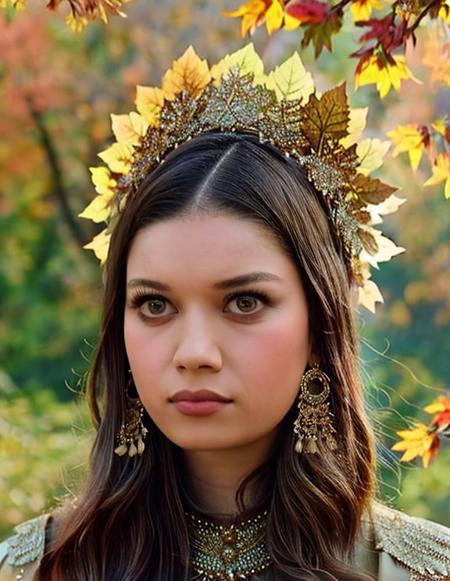 Masterpiece, Cute , beautiful afra_saracoglu, drill hair, wearing gold laced dress, autumn, leaves, trees, best quality, samdoesarts, portrait, intricate detail, relaxing, brown eyes, headdress, detailed eyes, big pupils, brown eyes
<lora:afra4ep:1.2>  <lora:add_detail:0.5>,