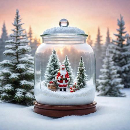 glass snow jar terrarium filled with many snowy christmas tree and Santa Claus, foggy morning, dreamy, mist, background sunrise