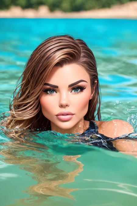 photo of (S088_PaigeBritish:0.9), a beautiful woman, swimming in a (lake:1.2), (only the head above the surface of the water), (8k, RAW photo, best quality, DOF, ultra high res:1.2), (absurdres, intricate, photorealistic, masterpiece, ultra-detailed, Unreal Engine:1.3)