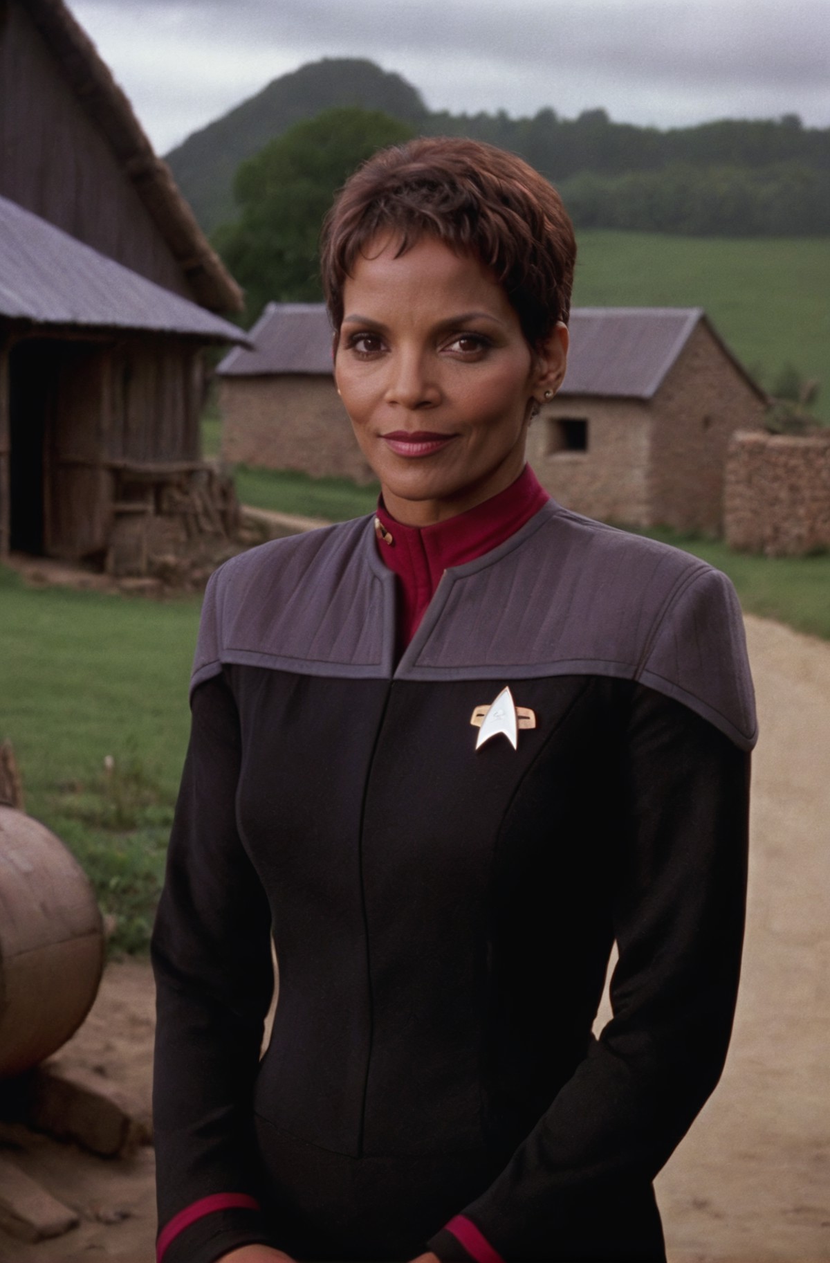 halle berry,  in black and grey ds9st uniform,red collar, professional photo, in a village,shot on Hasselblad <lora:DS9XLV...