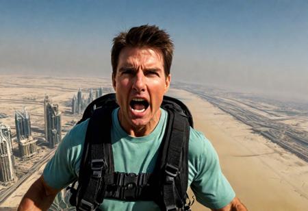 Extreme facial details, Masterpiece dynamic (cinematic shot:1.6) (Tom Cruise) action pose in [(Burj Khalifa)|(Opened Parachute Chasing scene)] (face looking pursuit:1.4) in [__medium__:photograph:0.5]  and ( davinci_:0.5), shout , detailed eyes, detailed pupils, clean face BREAK <lora:epi_noiseoffset2:0.50>, clear sky with clouds, Dubai beach, explosion, hand gun , jet pack, Dusk, mythic, fable, legend, digital art , [ : <lora:add_detail:0.7>:0.10] , symmetry, hyper realistic, detailed, intricate, best quality, hyper detailed, ultra realistic, sharp focus, bokeh, HQ, 8K, high angle RAW photo shot on IMAX, film grain, masterpiece photographic art, (photo realistic:1.4), depth of field, rule of thirds