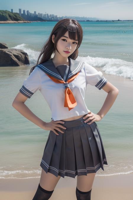 ltra-detailed,highly detailed,best quality,masterpiece,illustration,realistic,photorealistic,
llas, cosplay, 1girl, solo,
school uniform, serafuku, sailor collar, short sleeves, orange necktie, tie clip, pleated skirt,kneehighs, 
long hair, bangs,hair ornament, twintails, 
looking at viewer, hands on hips, head tilt, cowboy shot,
photo background, beach,sea,waves, skyline, wind,
 <lora:llas_v1_05:0.8>