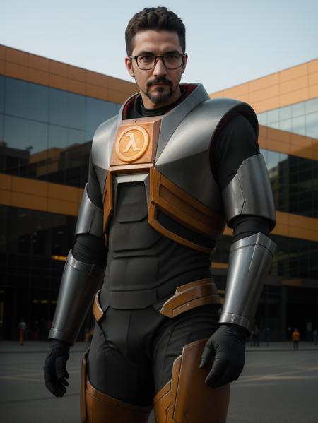 a man with glasses and a goatee wearing hevsuit mk5 standing in front of a building, gordon freeman, realistic skin, afternoon, sun shining from behind, dramatic lighting, realistic armor textures, armor shine, ultra realistic, wallpaper, intricate, sharp focus, ray tracing, rtx, professionally color graded, professional photography, masterpiece, ultra detailed, high quality, best quality, 4k, 8k, raw <lora:hevsuit:0.35> <lora:add_detail:0.25>