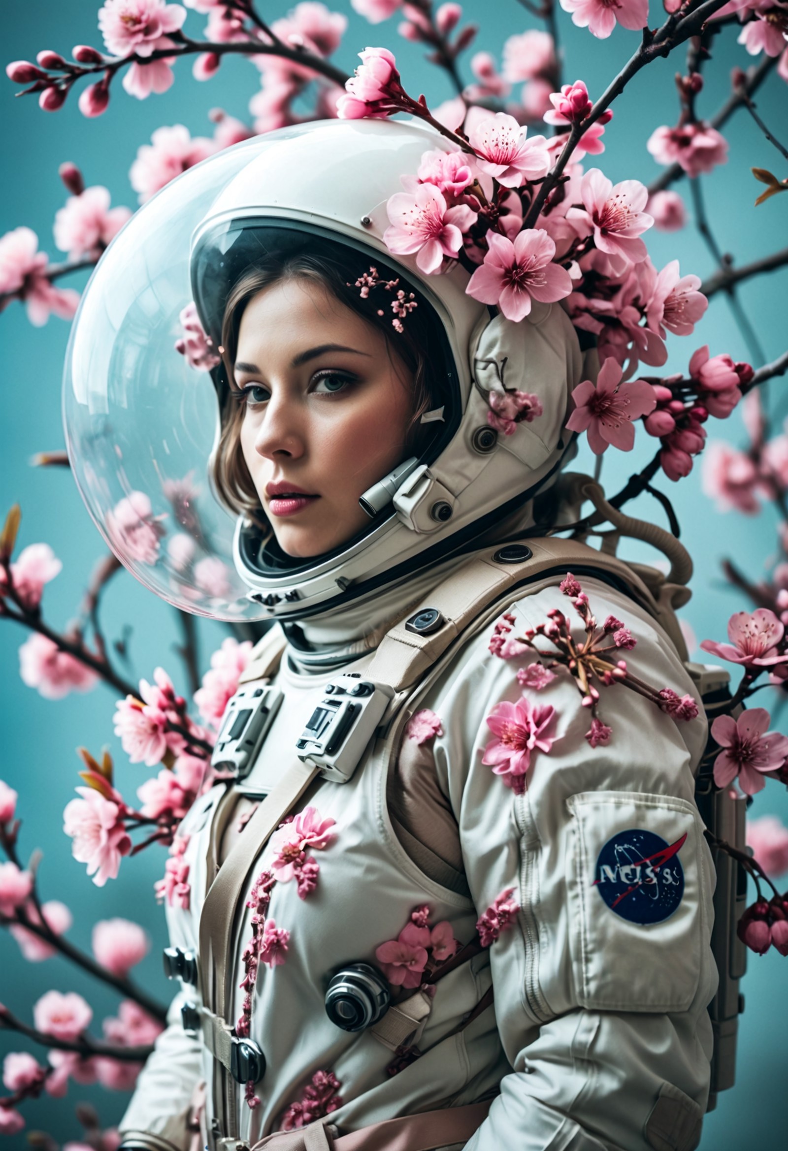 A double exposure photo of a woman astronaut with many pink plum blossoms smoke on her head and shoulders against a light ...