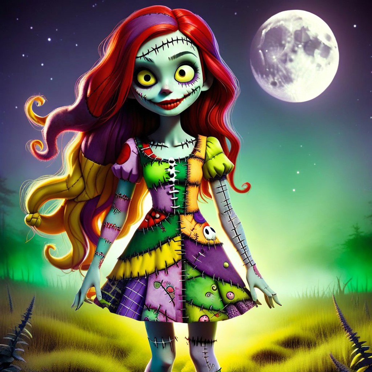 cute zombie girl, sally from nightmare before Christmas, smiling, patchwork yellow and purple dress, green skin, long red ...
