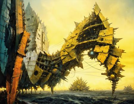 <lora:dand:0.6>dand, a painting of a bunch of strange looking structures in the sky with a yellow sky in the background, Darek Zabrocki, matte fantasy painting, a detailed matte painting, fantasy art