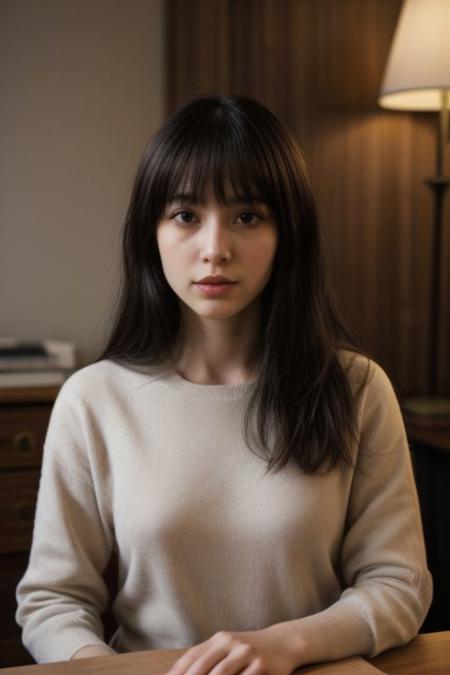 one pretty girl, solo, crimped waves, blunt bangs, prefect face, makeup, big tits, nipples,  cleavage, shirt, looking at viewer, study, a more refined home office with rich wood paneling, leather-bound books, and a globe on an antique wooden desk, soft lighting, film grain, epiCPhoto, <lora:pytorch_lora_weights:0.5>, <lora:breastsizeslideroffset:0.2>, <lora:picxer_real:0.7>, <lora:InstantPhotoX3:0.3>, <lora:more_details:0.6>