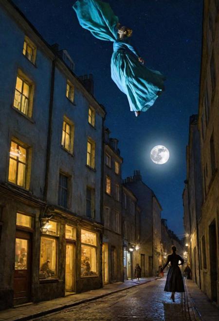 impressionist painting by Van Gogh, very rough painting with visible paint strokes, (dynamic_angle), view from below,
woman with flowing skirts flying between buildings, levitating, clothes like midnight full of stars, Night light, sharp shadows, moon lit, 
looking out over city, European city landscape, old winding roads, dystopian city, crowds of people, 
standing high above stret, illustration,