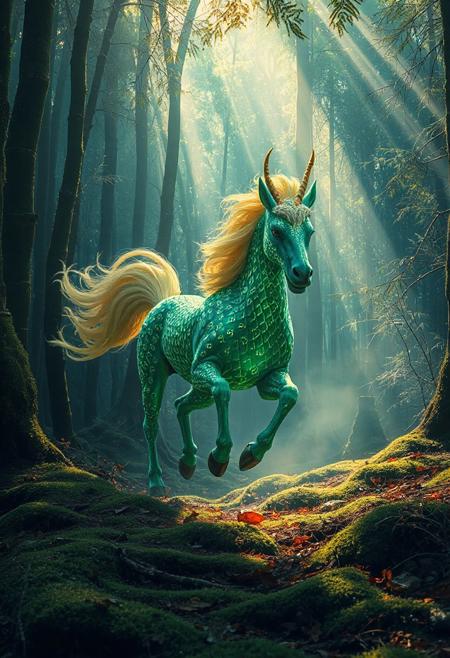 A majestic Kirin, a mythical creature from Japanese folklore, running gracefully through a dense, mystical Japanese forest. The Kirin has a golden mane, shimmering emerald-green scales, and intricate luminous patterns glowing softly across its body. The forest is alive with tall moss-covered trees, delicate bamboo groves, and a serene mist hanging in the air. Sunbeams pierce through the thick canopy, casting dappled light onto the forest floor covered in soft moss and scattered autumn leaves. The scene is vibrant, ethereal, and magical, emphasizing motion, elegance, and the 
mythical aura of the Kirin.