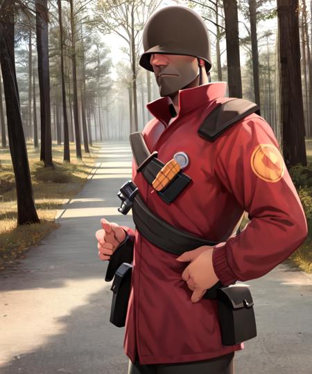 masterpiece, solo, tf2soldier, (redteam), red jacket, 1boy,  portrait, detailed background, forest, front view, looking at viewer , <lora:tf2soldierlorav1-000008:1>