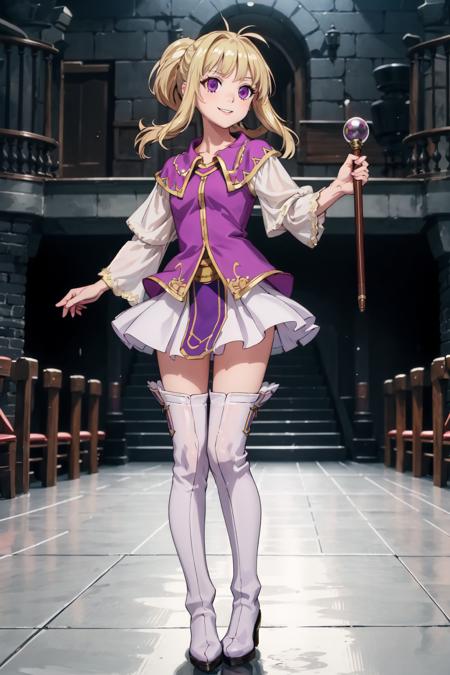 (masterpiece,best quality:1.2),clarinefe,small breasts,1girl,standing,facing viewer,skirt,thigh boots,thighhighs,pantyhose,holding staff,full body,smiling,in castle,purple blouse, <lora:ClarineFE:0.8>