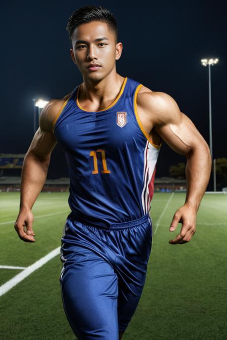 masterpiece, best quality, highres, realistic, handsome, photogenic, masculine, (big muscles),<lora:syahnkV4-08:0.5>, syahnk as an  ((dark tanned)) athletic jock bulging  with huge pectorals, he with  his (tight gymsuit) running  in middle of soccer field blushing from embarrassment ,<lora:add_detail:1>,HDR, octane, 8k,Stadium lighting ,dinamic light,sunkisses, ringlights,sunshine,high detailed skin,high detailed face