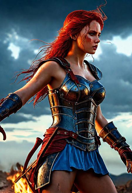 High resolution ultra-realistic of Beautiful Warrior girl, Fantasy style, 8k, capturing the intensity of the moment, dramatic lighting, standing on a bloody and stormy battlefield in a fighting pose, fire, intricately designed shining iron armor, red mini skirt, perfect athletic figure, beautiful Warrior girl, fire, dirty face, ultra realistic, cinematic style, athletic figure, dark fantasy, covered in dirty and blood, cinematic colors Lighting, extremely detailed, 8K, wavy red hair, realistic dirty bloody pale face, realistic blue eyes, beautiful Warrior girl on in cool iron armor, hyper-detailed, hyper-realistic, bright colours, Attractive 21 old years girl, Attractive, beautiful firm Breasts, sharp focus, digital painting, Photograph Taken on Nikon D750, Alphonse Mucha, 8K, athletic figure, Hyperdetailed, hyperrealism, Attractive, Attractive bust girl, asymmetric balance