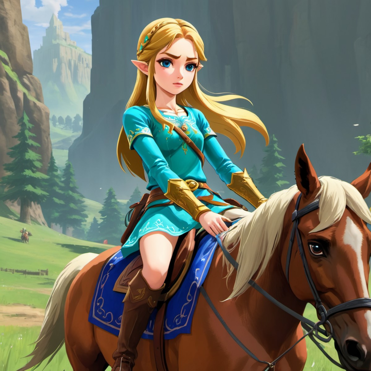 a pretty girl riding a horse, zelda tears of the kingdom cutscene