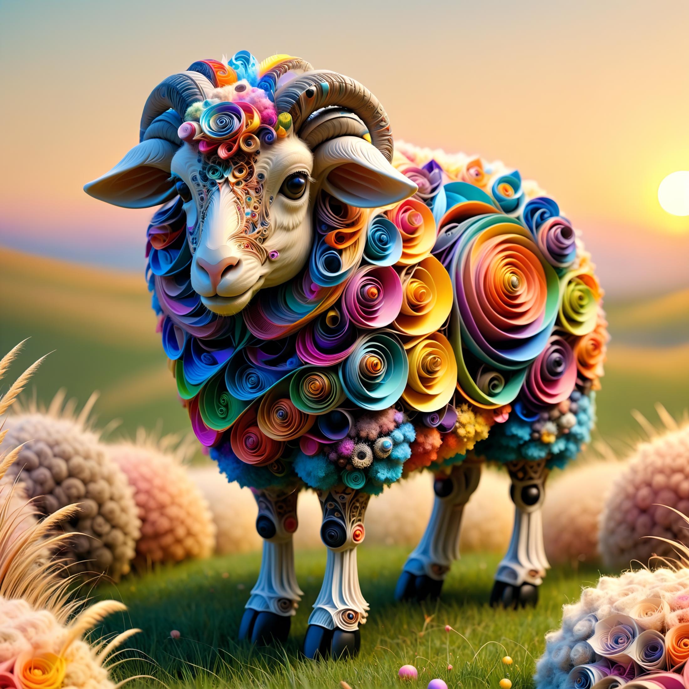 Colorful Ram Statue with Sheep Horns and Flowers on its Head, Standing in a Field.