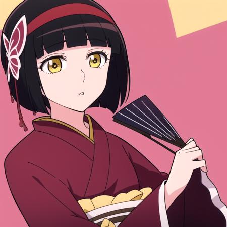 1girl, black hair, parted lips, japanese clothes,blunt bangs, japanese clothes, kimono,egasumi, yellow eyes, red hairband,short hair, butterfly hair ornament, <lora:MioAdvanched:0.6>, upper body, expressionless, Fan, <lora:UnlimitedBladeWorksV1:1>