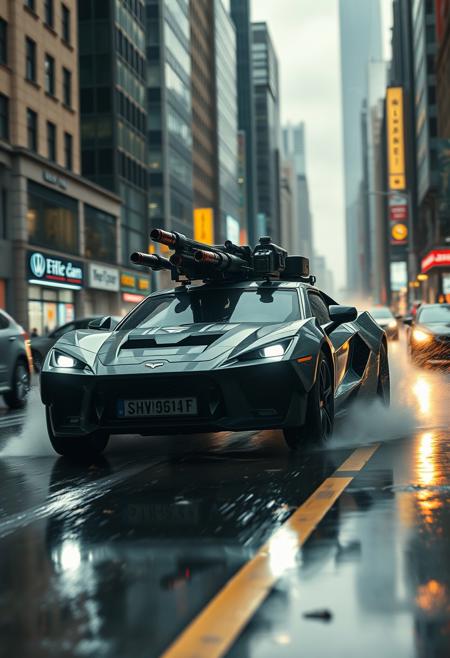 (RAW photo, 8k uhd, Analog style, Masterpiece, Best Quality, Highres:1.3), (dramatic, cinematic:1.2), BREAK, vega car
movie shot of (ultra-detailed:1.1) (military:1.4) (cyberpunk:1.3) (battlecar:1.35) (armed with turret machine gun and grenade launchers:1.33) (rushing:1.3) through (cyberpunk city street:1.35), ((glossy:1.1) technological futuristic design:1.2), (drifting:1.3) (sportcar:0.3), (neon lights:1.1), (wet asphalt, reflections:1.2), (firing tires:1.35), (water splash, puddles:1.32), (debris:1.32), (steam:1.3), (frightened:1.1) (pedestrians:1.4), (bright day:1.15), (daytime:1.15) (cloudy sky, (rain:1.1):1.2), (skyscrapers:1.15), BREAK,
(photorealistic:1.2), (dutch angle:1.4), (light particles, colorful:1.2), (action movie scene, dynamic composition, fast, chasing:1.3), (motion blur, motion lines:1.3), (cyberpunk, science fiction, blockbuster, military vehicle, volumetric light:1.3), (daylight:1.2) (noir:0.5) (urban atmosphere, vehicle focus, cinematic tone, shiny, glowing, intricate, electricity, red purple aqua color scheme, graffiti, (dust:1.1), no humans:1.2), BREAK
