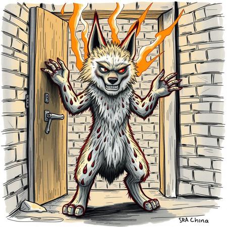Female animal, covered with fur, anthro furry hyena slams door open, view from other side, berserk mode, in dungeon, brick walls, severe burns all over body, burned fur, in rage, in pain, foam on mouth, childish sketch
